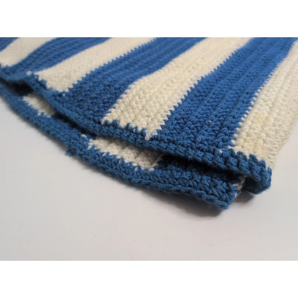 Oblong Vtg Afghan Granny Knit Blanket 60's White Blue Striped 83